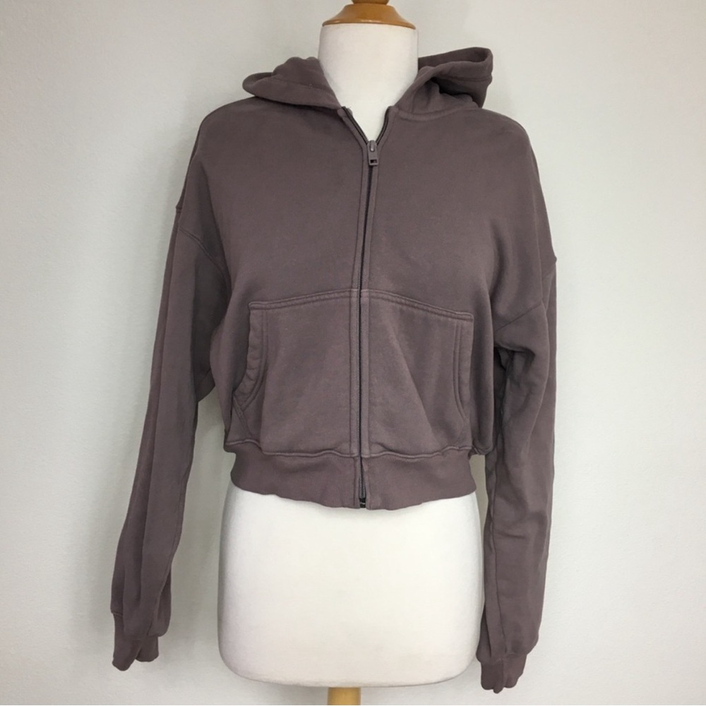 Aritzia TNA Mauve Cozy Fleece Boyfriend Hooded Cropped Zip Sweatshirt Size S/M